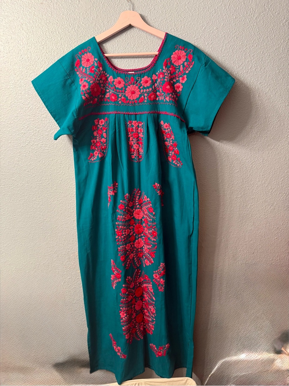 Mexican Hand-Embroidered Teal Maxi Dress with Pink Floral M nwot